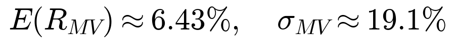 E of R minimum variance approximately 6.43 percent, sigma minimum variance approximately 19.1 percent