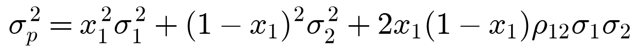 sigma squared p equals x1 squared sigma1 squared plus (1 minus x1) squared sigma2 squared plus 2 x1 (1 minus x1) rho12 sigma1 sigma2