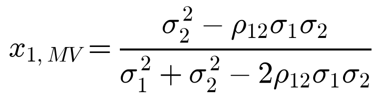 x1 minimum variance equals, sigma2 squared minus rho12 sigma1 sigma2, over sigma1 squared plus sigma2 squared minus 2 rho12 sigma1 sigma2