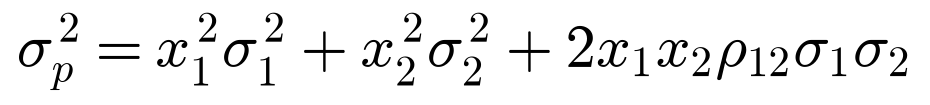 sigma squared p equals x1 squared sigma1 squared plus x2 squared sigma2 squared plus 2 x1 x2 rho12 sigma1 sigma2