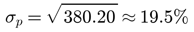 sigma p equals square root of 380.20, approximately 19.5 percent