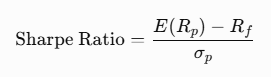 Sharpe Ratio equals E of R_p minus R_f, divided by sigma_p